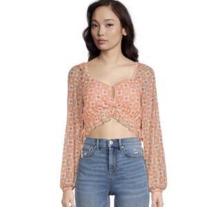 Madden NYC Bohmian Cropped Floral Keyhole Top with Long Sleeves Size Medium